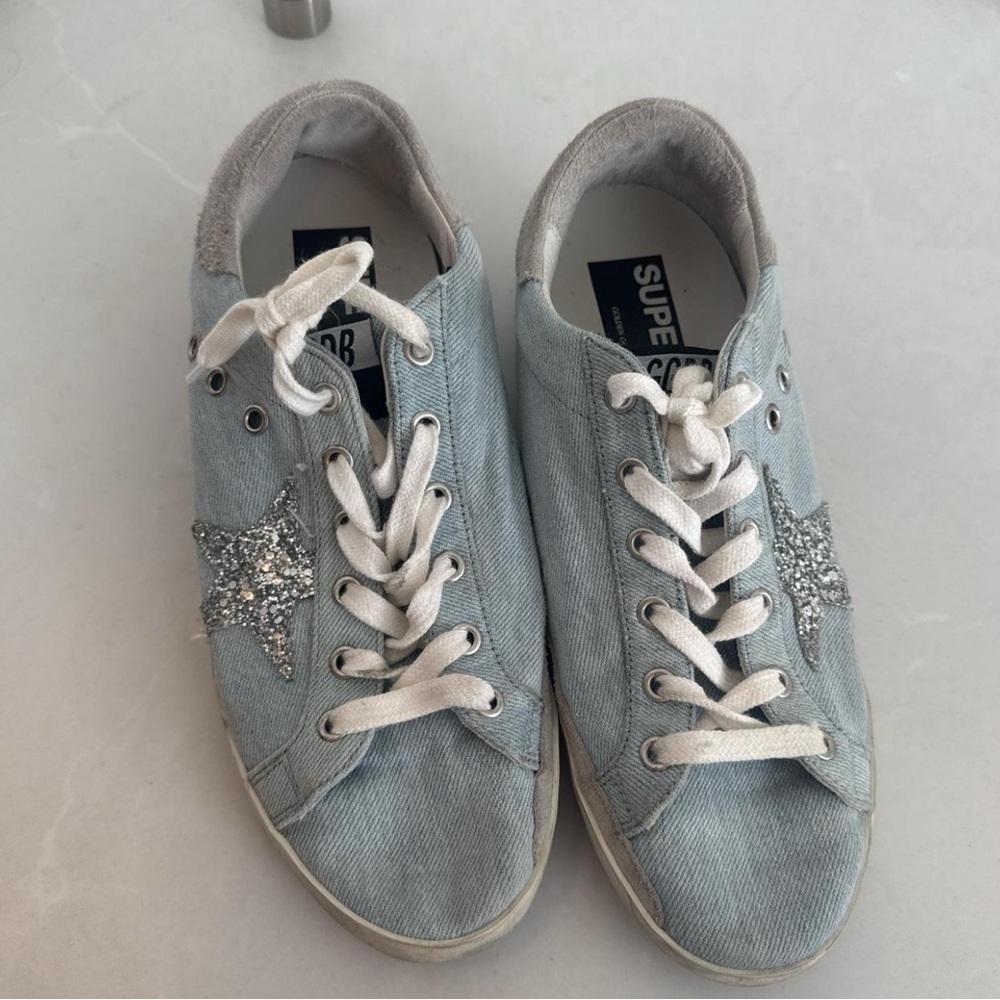 Golden Goose Denim Superstar Sneakers with Silver Star